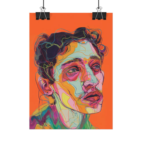 Vibrant digital portrait of a person with angular features against a bright orange background. The face is composed of bold, colorful lines and shapes in various hues including purple, yellow, pink, and teal. The subject has tousled dark hair and a contemplative expression, with prominent eyes and lips. The style is reminiscent of expressive, contemporary digital art.